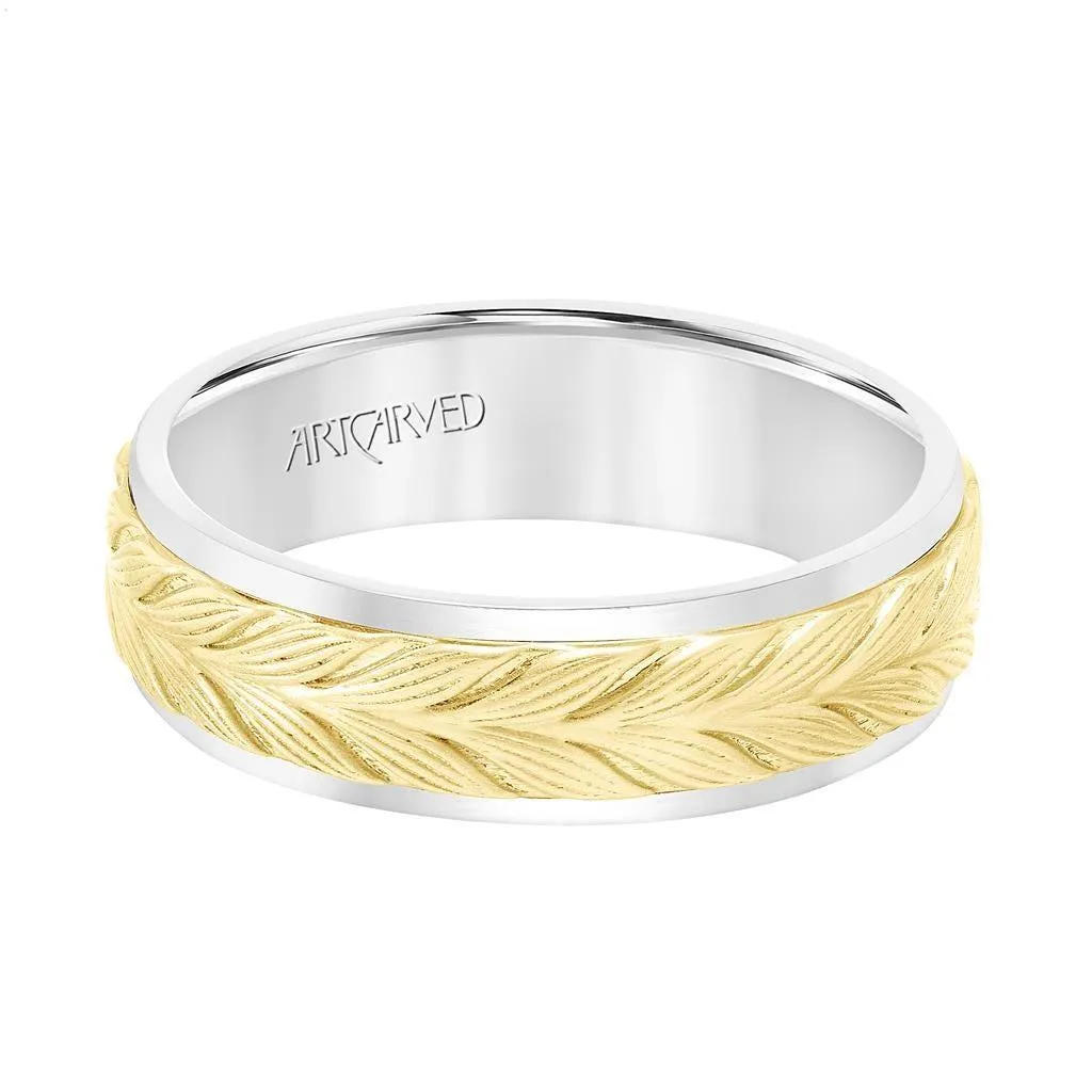 14k Two Toned White & Yellow Gold Wedding Band Raised Textured Leaf Design Polished Round Edges- 6.5 mm