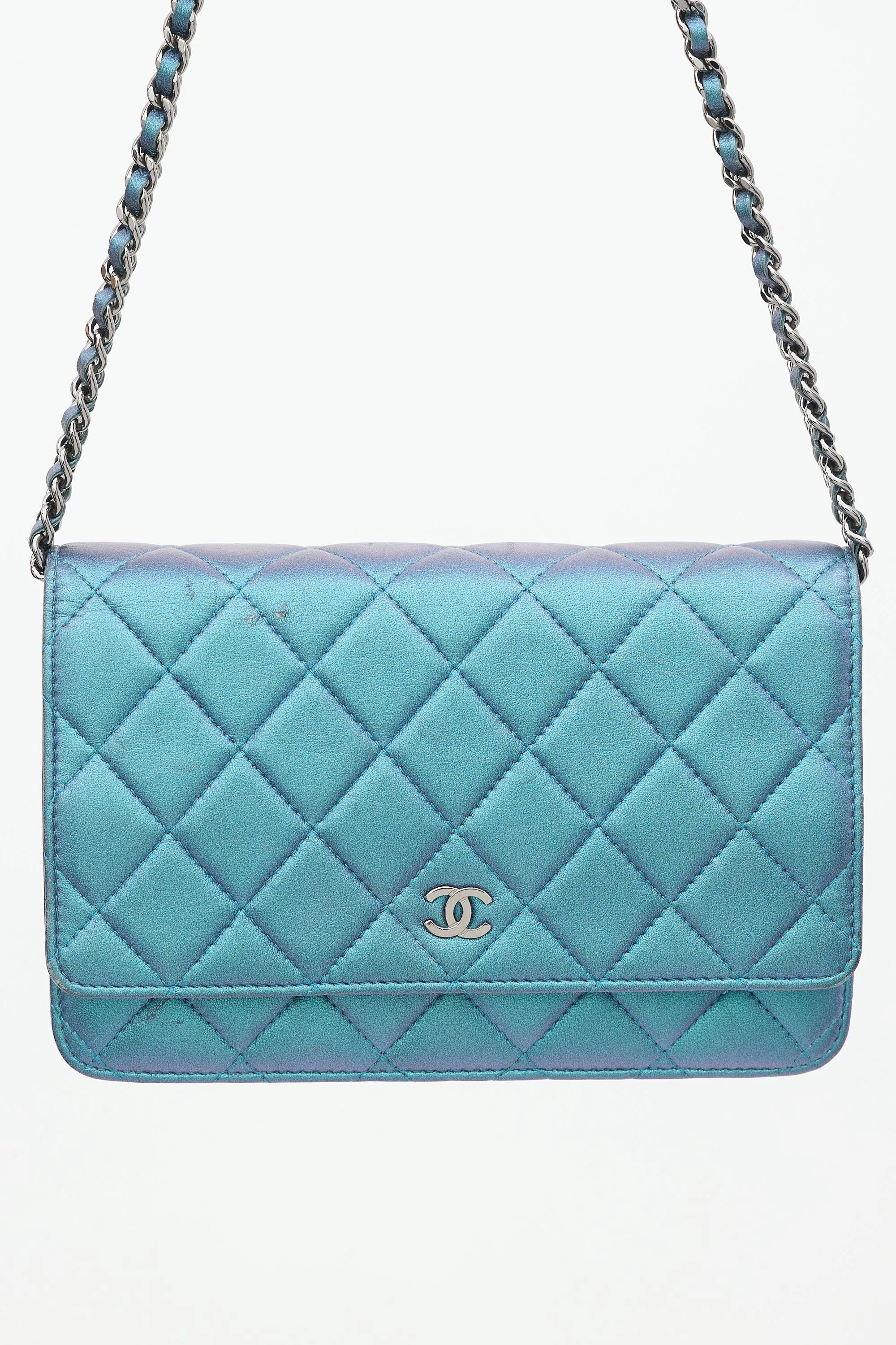 2017 Blue Iridescent Quilted Wallet On Chain Bag