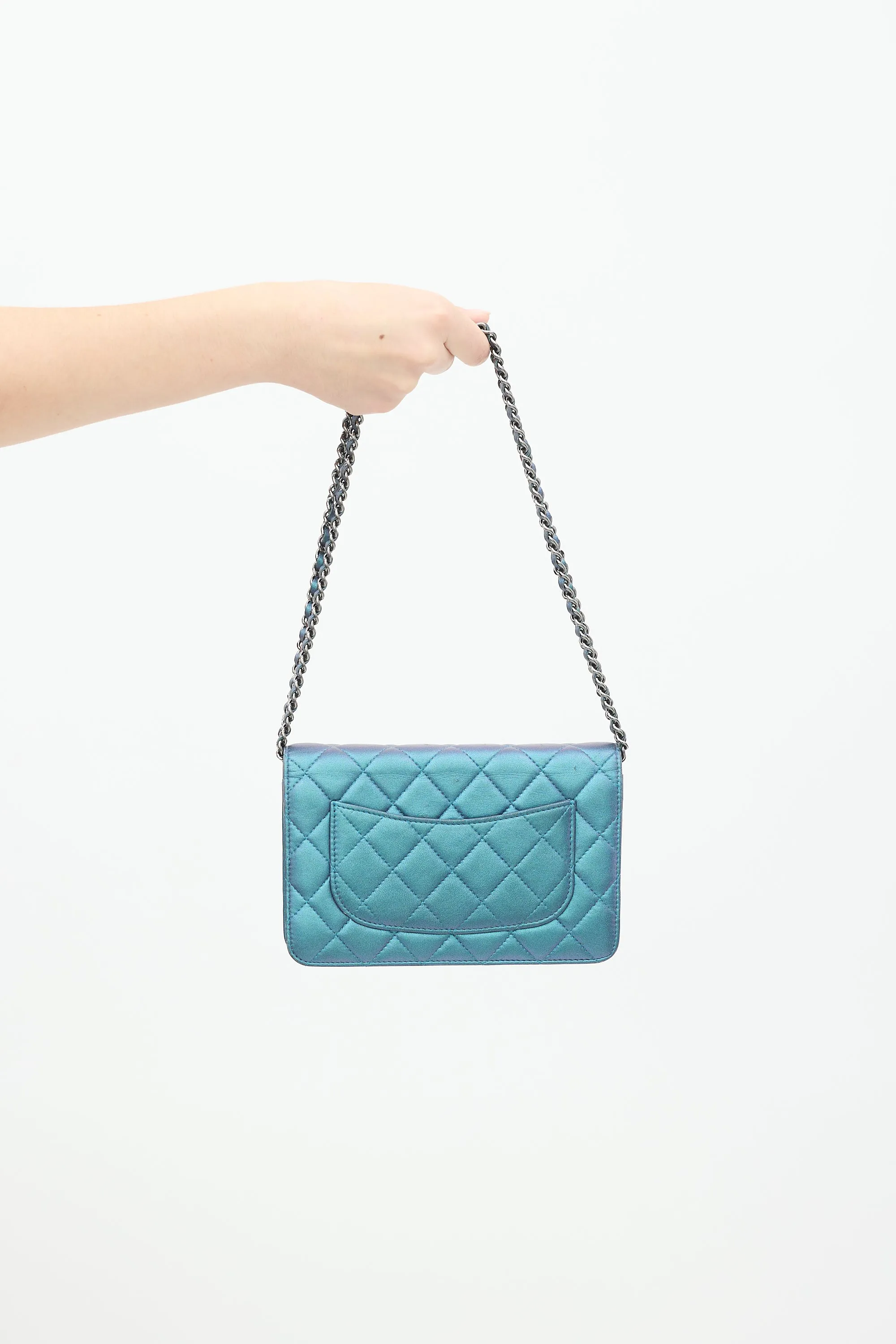 2017 Blue Iridescent Quilted Wallet On Chain Bag