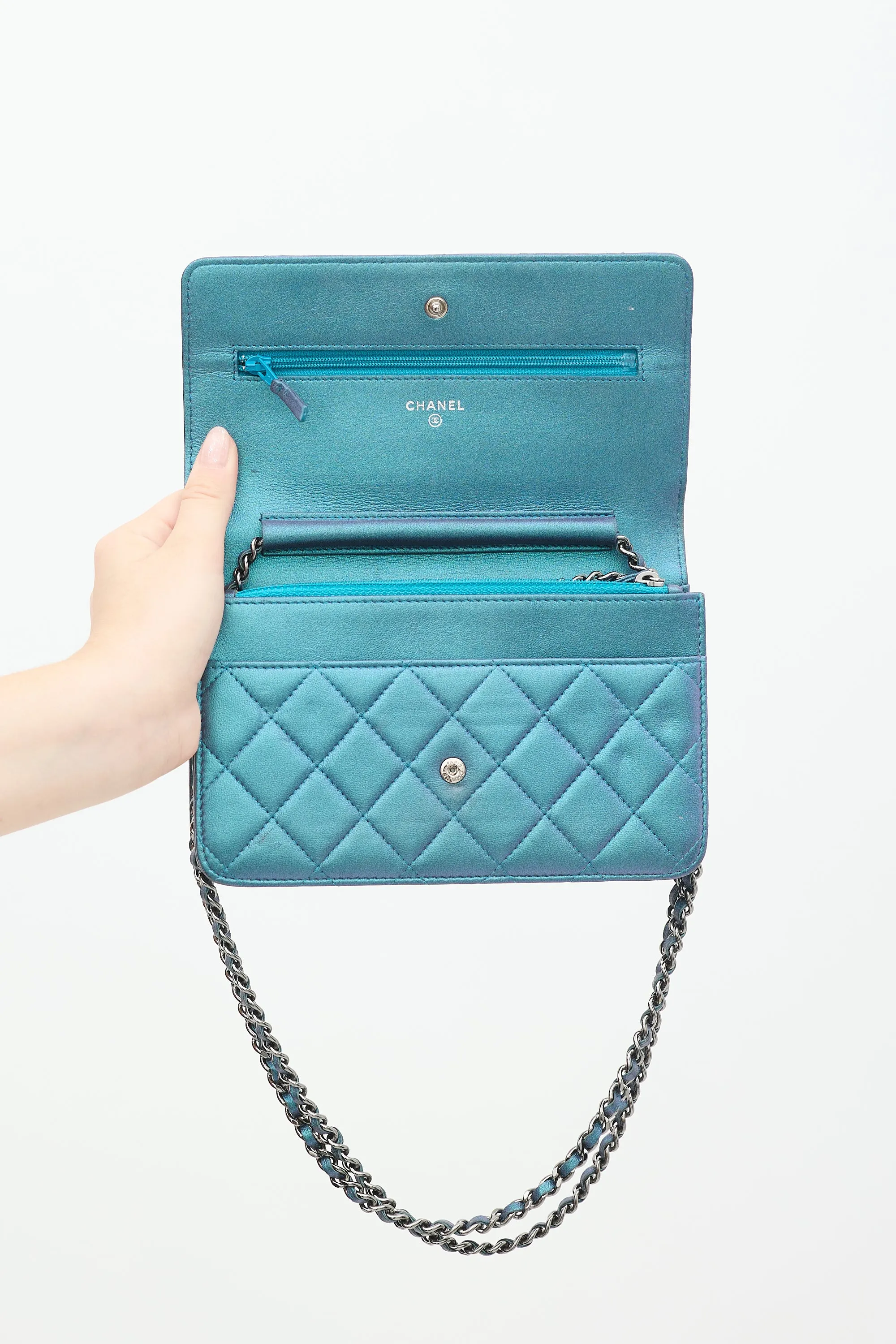 2017 Blue Iridescent Quilted Wallet On Chain Bag