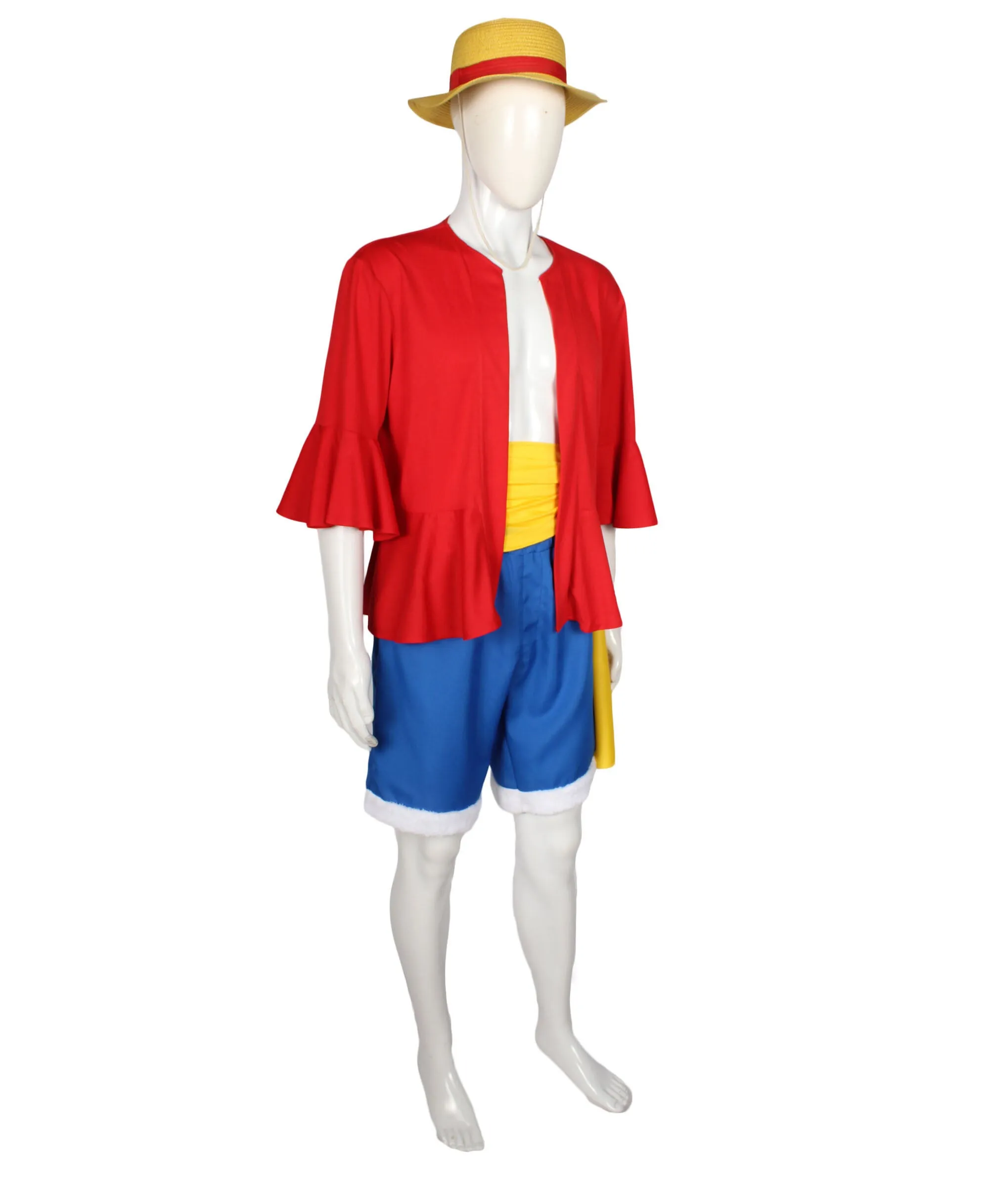 Adult Men’s Japanese Anime Young Pirate Captain Costume Piece  with Straw Hat I Best Halloween and Anime Costume Bundle