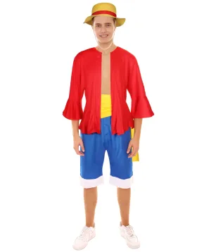 Adult Men’s Japanese Anime Young Pirate Captain Costume Piece  with Straw Hat I Best Halloween and Anime Costume Bundle