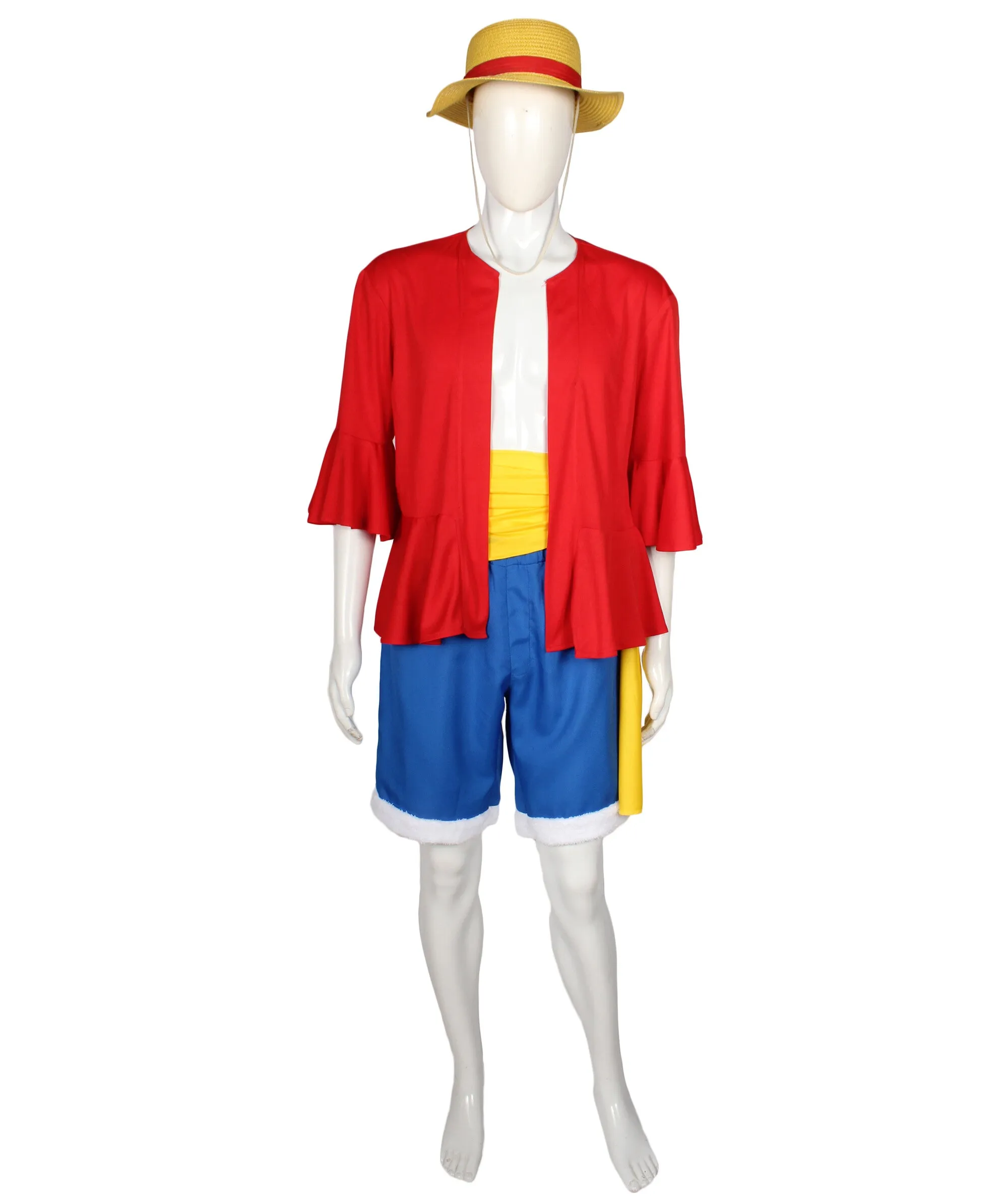 Adult Men’s Japanese Anime Young Pirate Captain Costume Piece  with Straw Hat I Best Halloween and Anime Costume Bundle