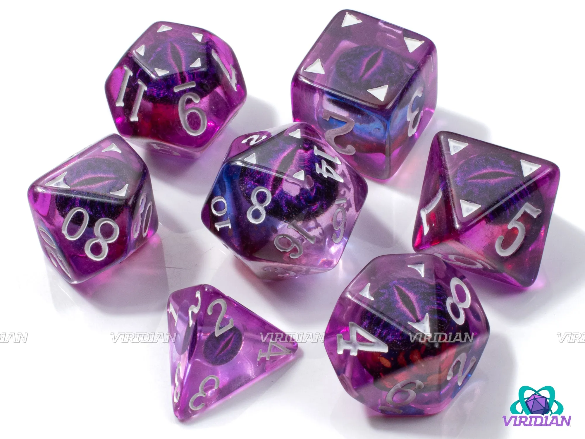 Amethyst Draconis | Dragon Eyes Dice, Translucent Purple, Purple | Resin Dice Set (7)