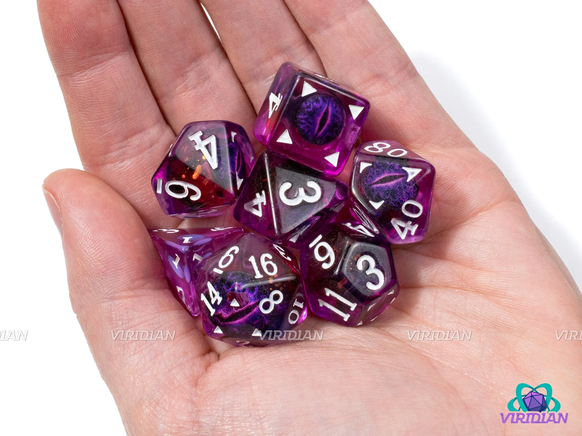 Amethyst Draconis | Dragon Eyes Dice, Translucent Purple, Purple | Resin Dice Set (7)