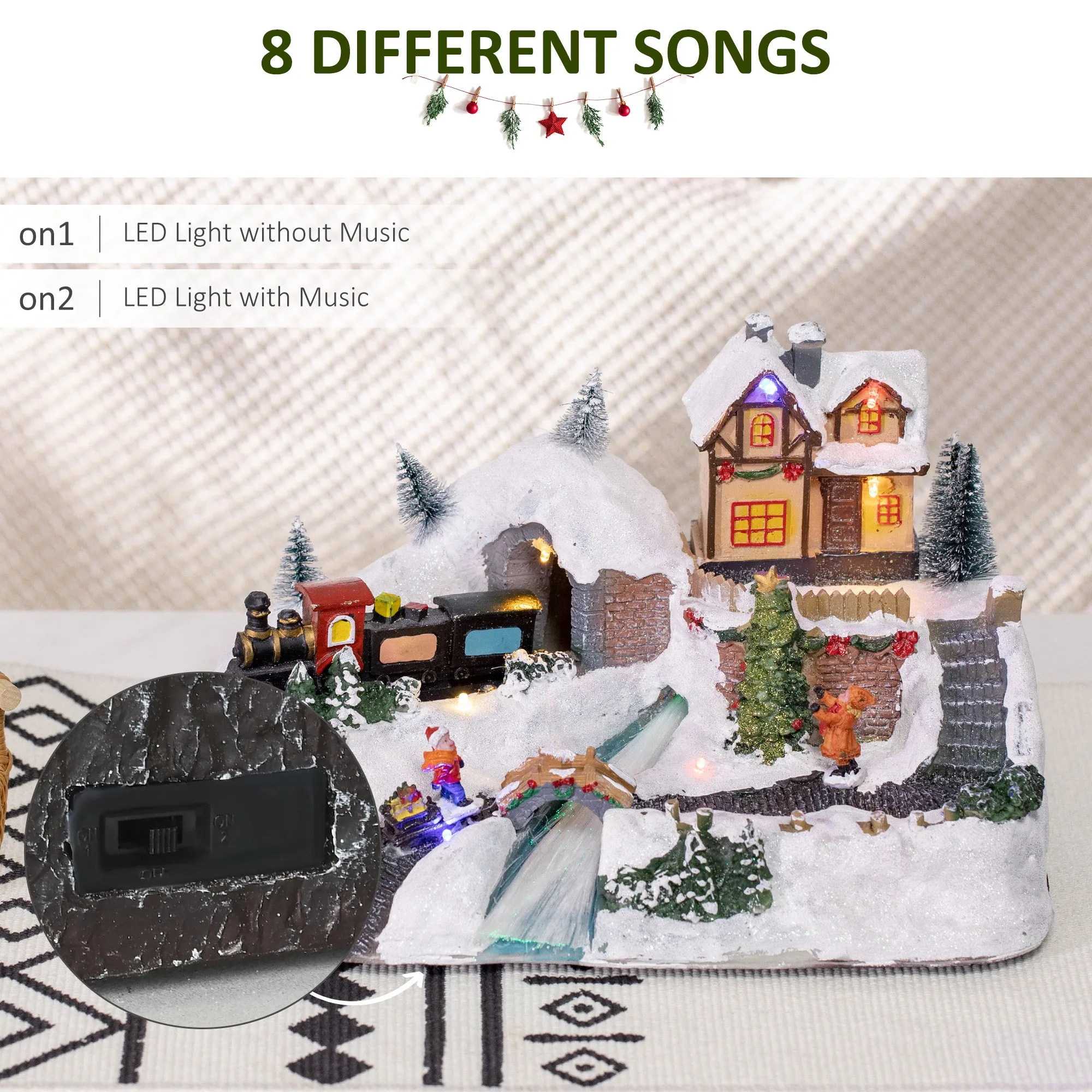 Animated Christmas Village Scene, Battery-Operated Musical Holiday Decoration with LED Light, Fibre Optic River, Moving Train for Tabletop