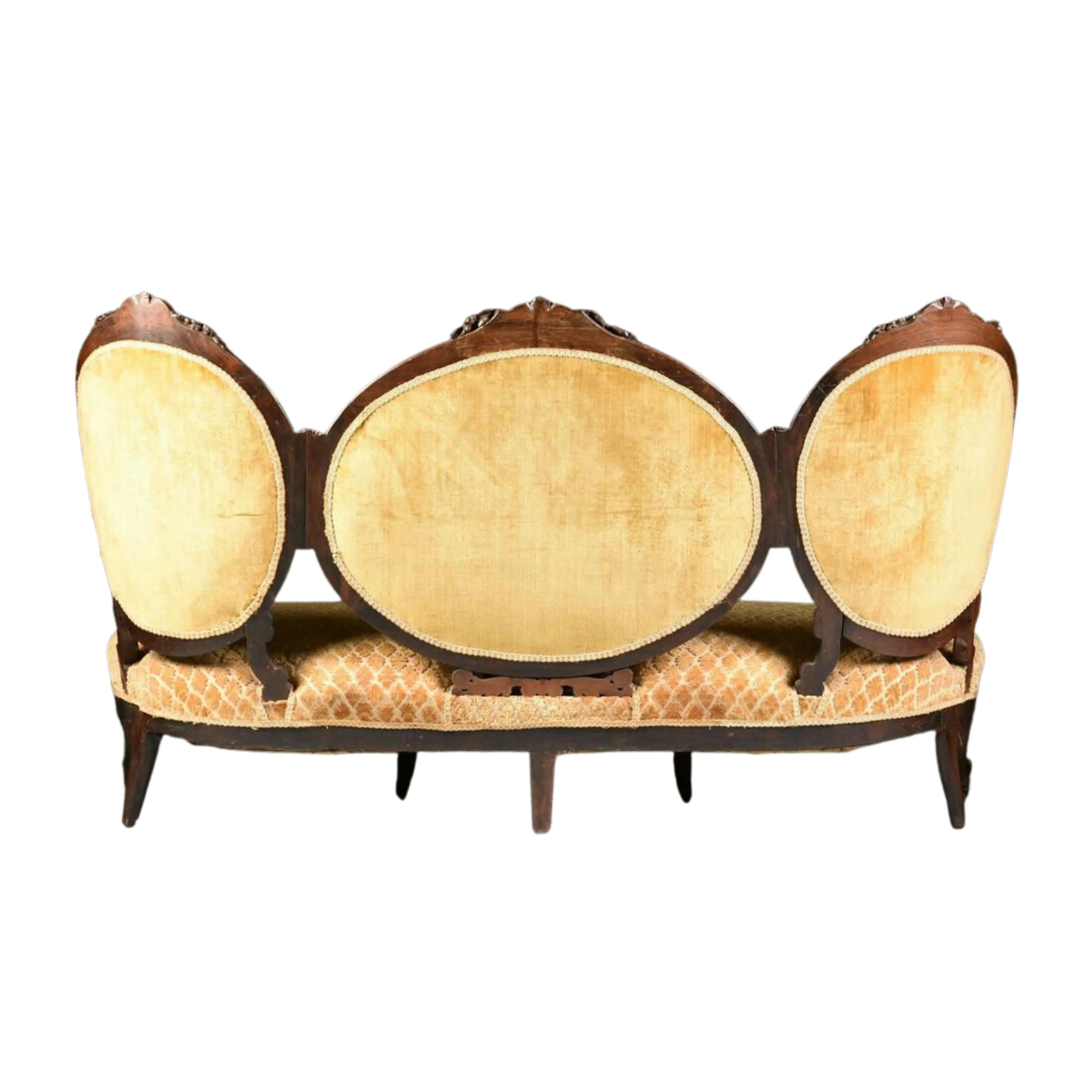 Antique Settee, Louis XV Style Rosewood Settee, Triple Crest, Scrolls, 1840-1870, 19th C.