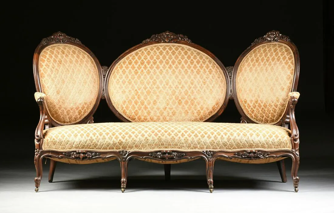 Antique Settee, Louis XV Style Rosewood Settee, Triple Crest, Scrolls, 1840-1870, 19th C.