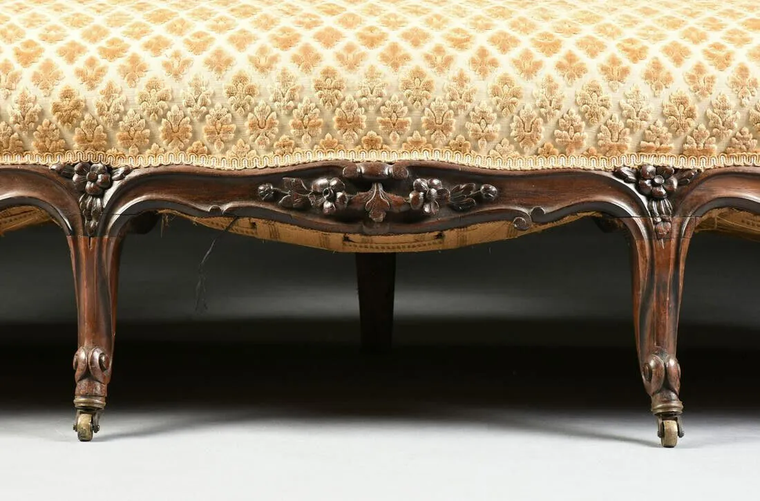 Antique Settee, Louis XV Style Rosewood Settee, Triple Crest, Scrolls, 1840-1870, 19th C.