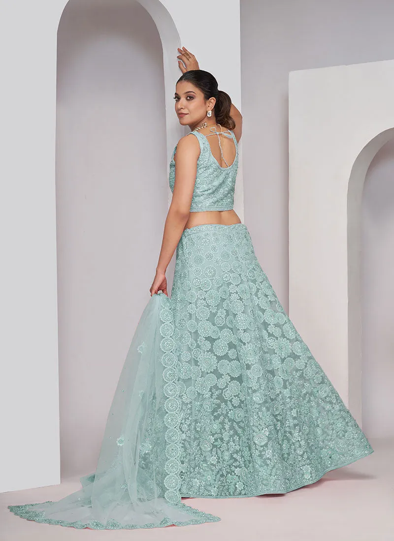 Aqua Blue Sequence Embroidery Wedding Style Lehenga