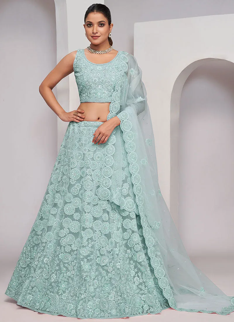 Aqua Blue Sequence Embroidery Wedding Style Lehenga