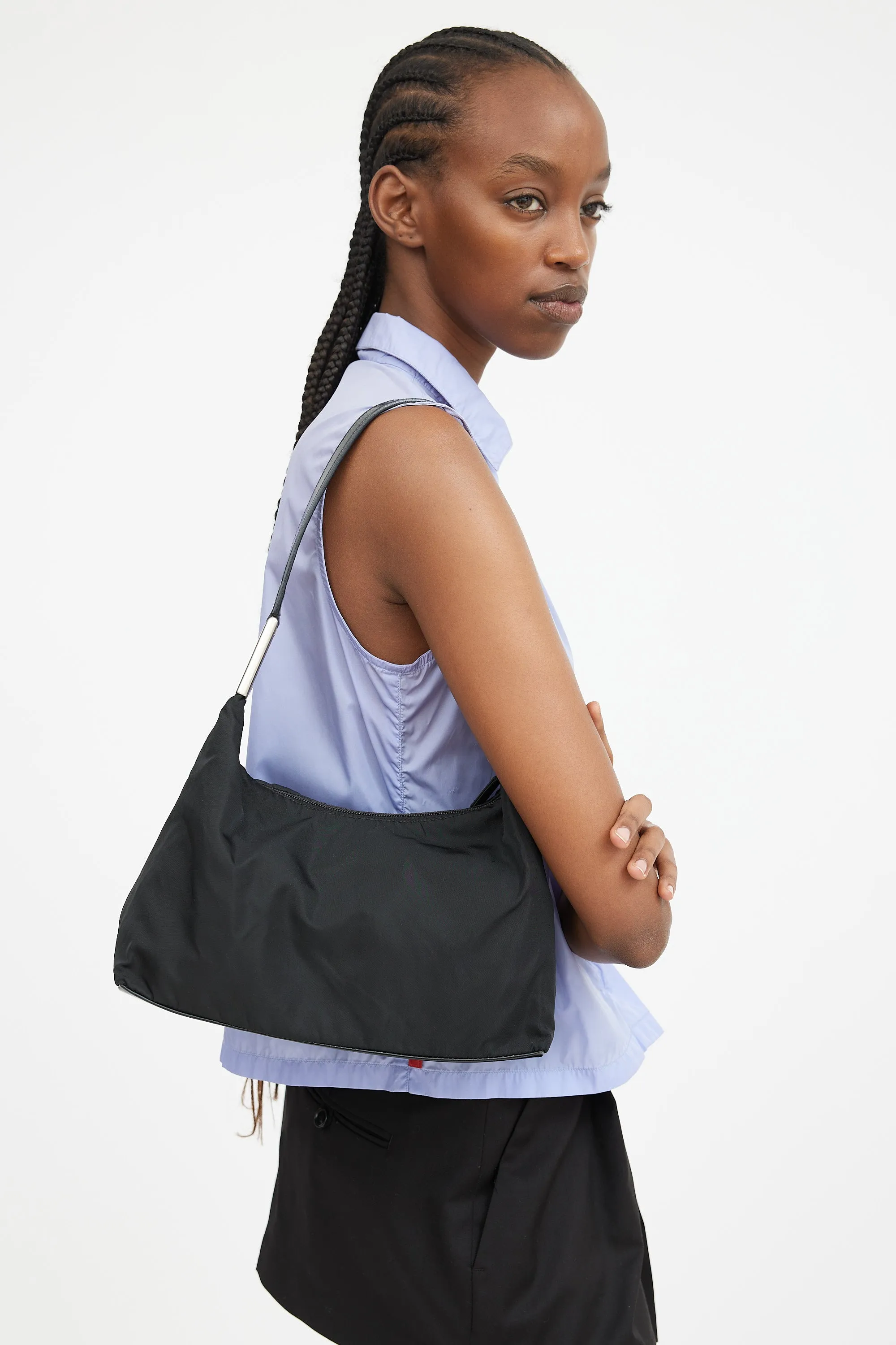 Black Nylon & Leather Strap Shoulder Bag