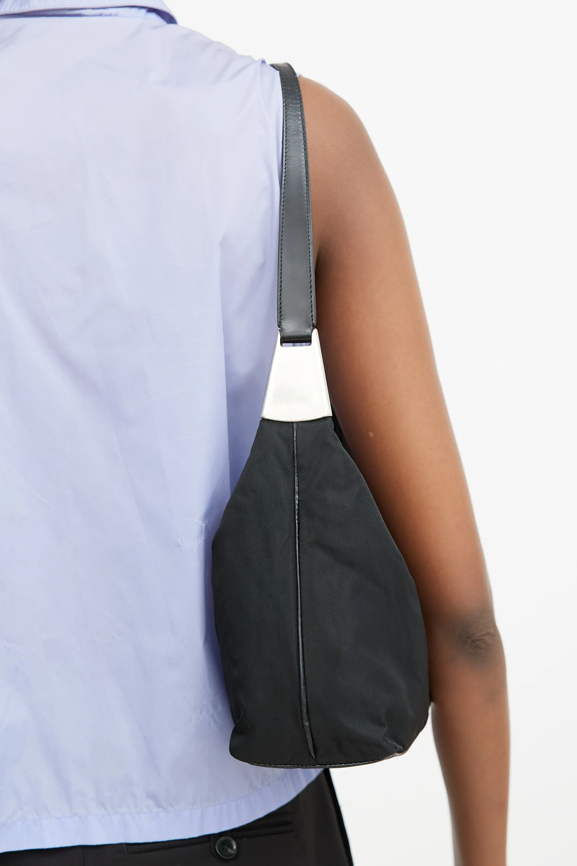 Black Nylon & Leather Strap Shoulder Bag