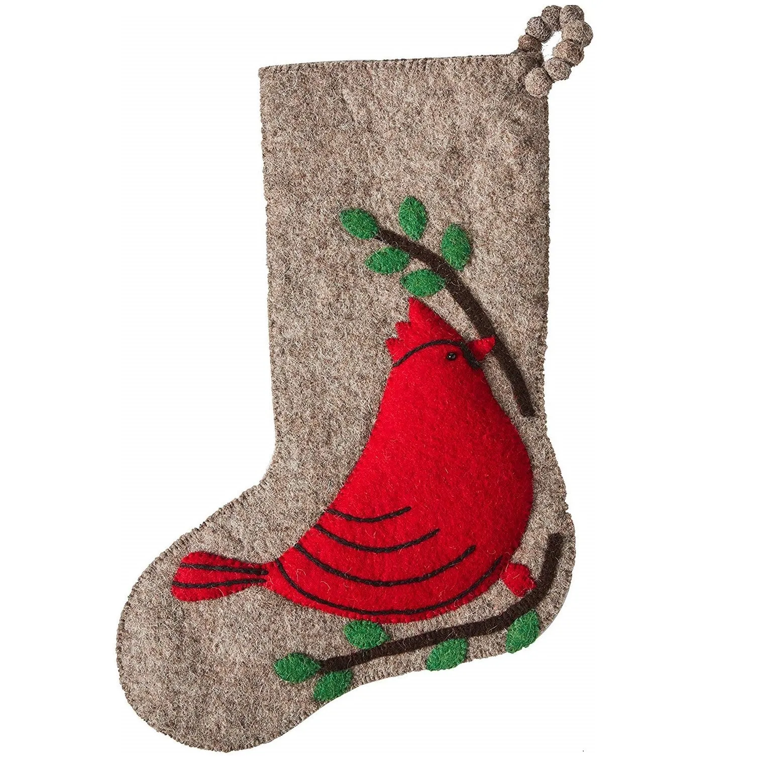 Cardinal on Gray Christmas Stocking in Hand Felted Wool