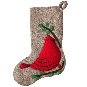 Cardinal on Gray Christmas Stocking in Hand Felted Wool