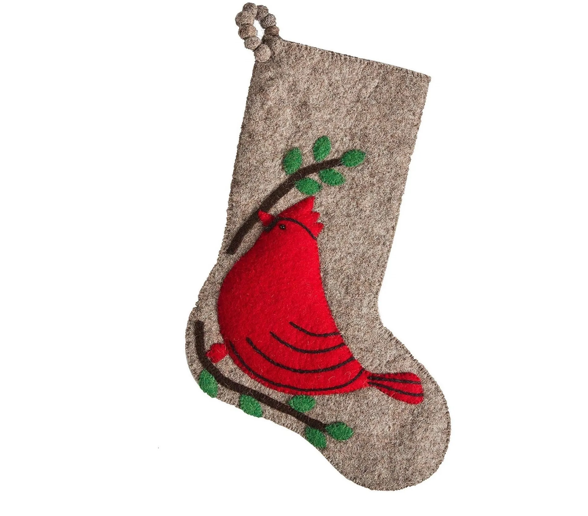 Cardinal on Gray Christmas Stocking in Hand Felted Wool