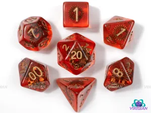 Clockwork Orange | Translucent Red-Orange w Copper Gears, Gold Ink | Resin Dice Set (7)