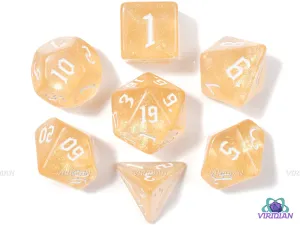 Cosmic Latte | Translucent Beige With Green Glitter Acrylic Dice Set (7) | Dungeons and Dragons (DnD)