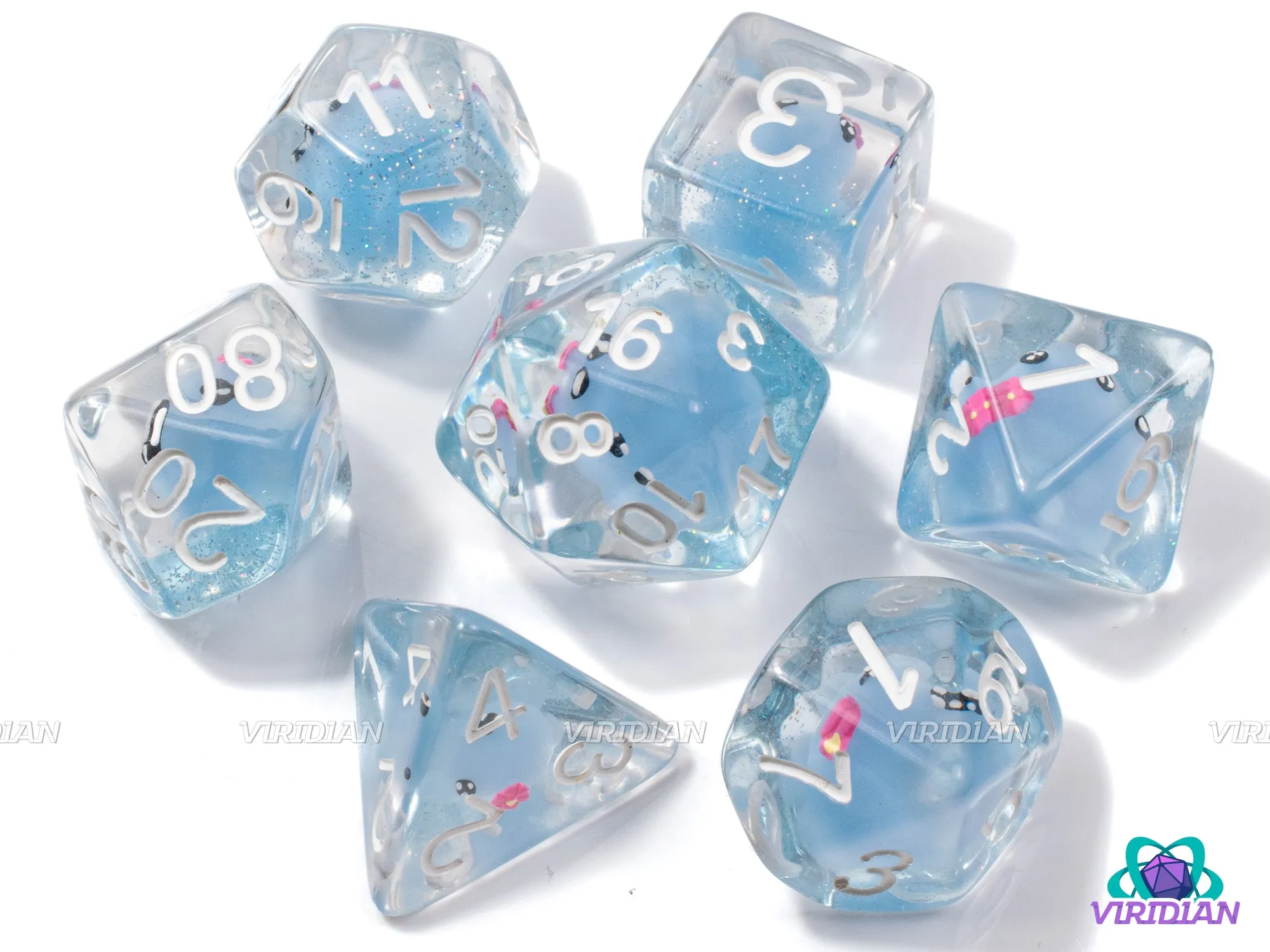 Derpy Octopus | Octo with Pink Bow, Light Blue-Aqua Glitter Layer, Clear | Resin Dice Set (7)