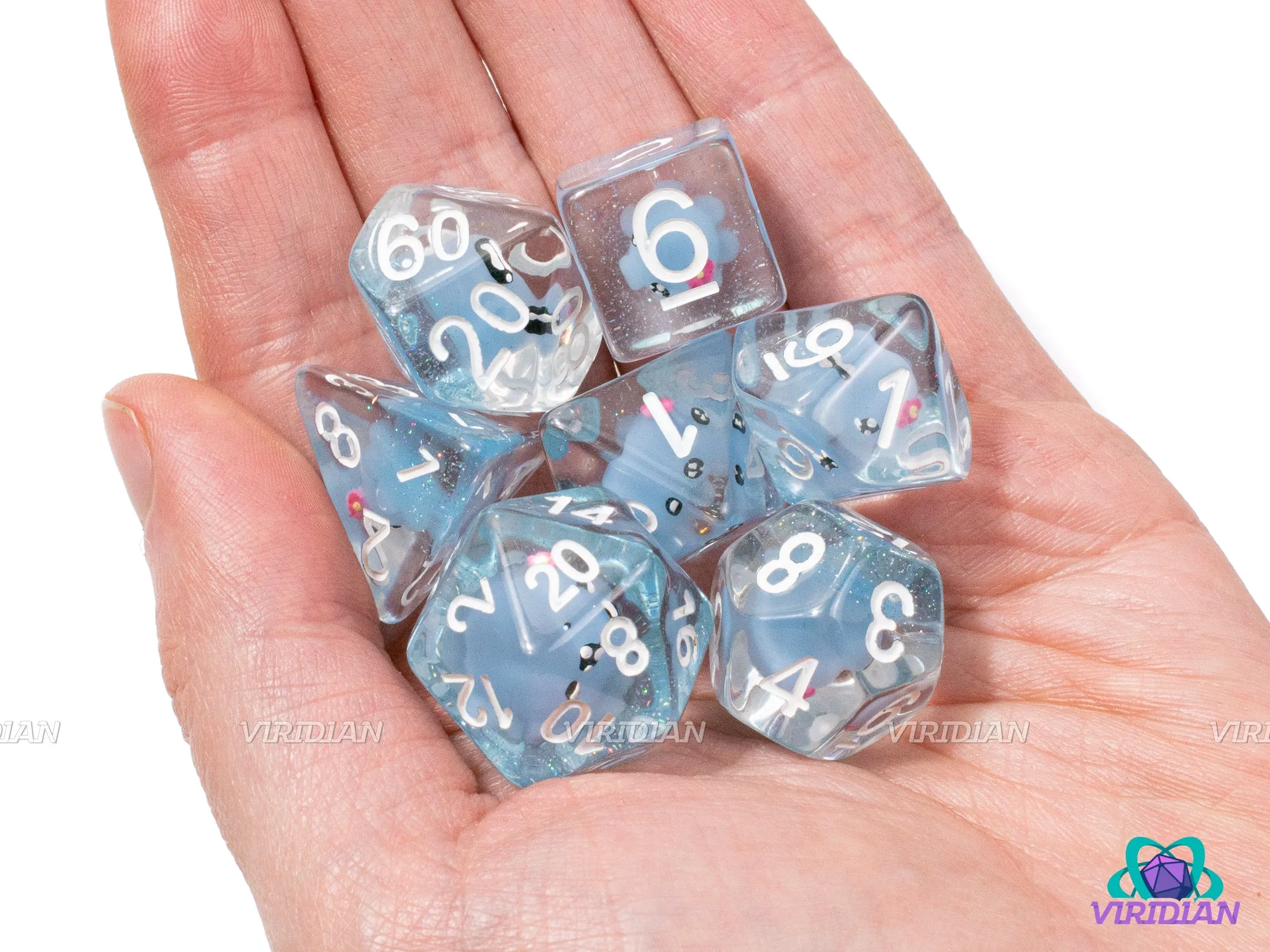 Derpy Octopus | Octo with Pink Bow, Light Blue-Aqua Glitter Layer, Clear | Resin Dice Set (7)