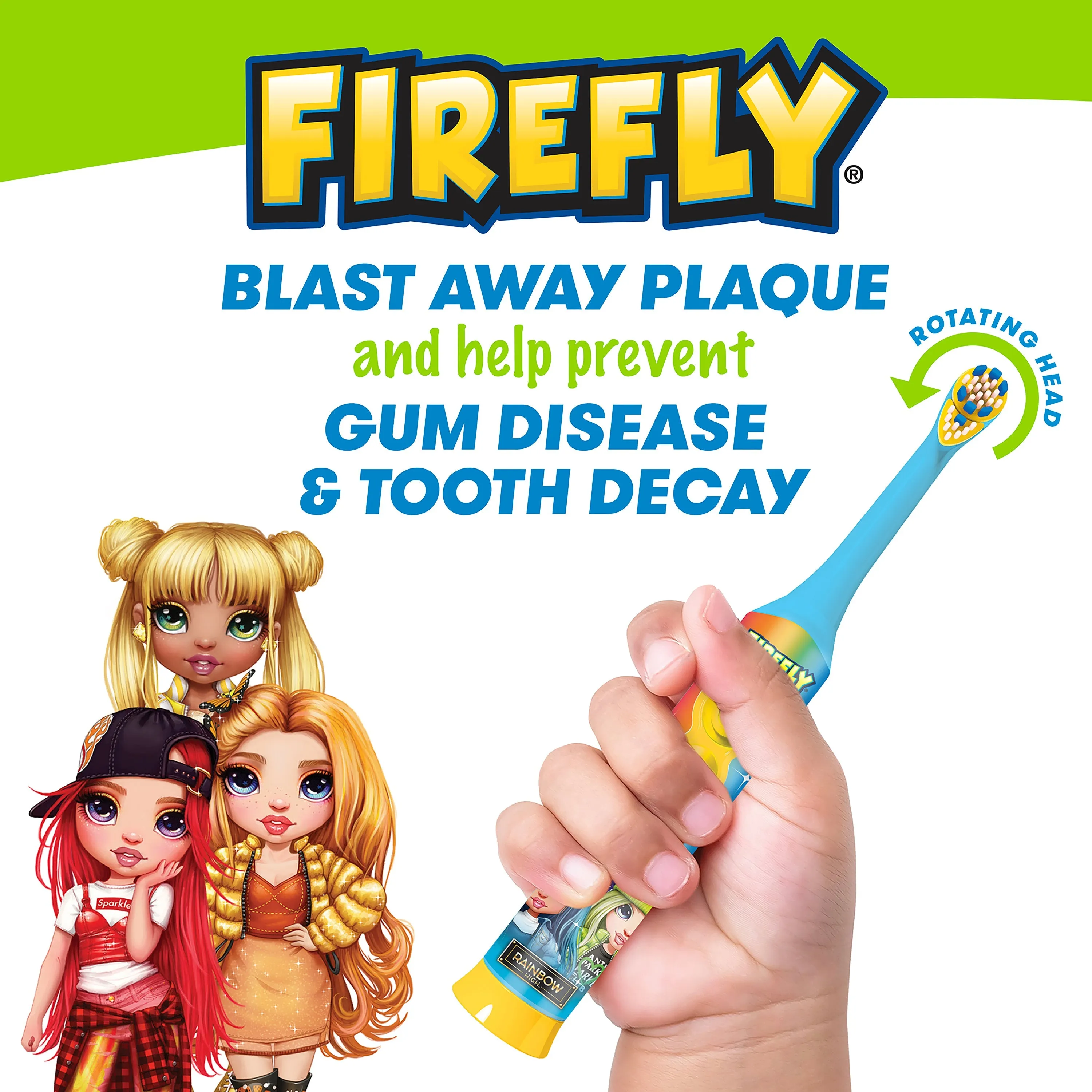 Firefly Clean N' Protect, Rainbow High Battery Powered Toothbrush with Antibacterial Character Cover