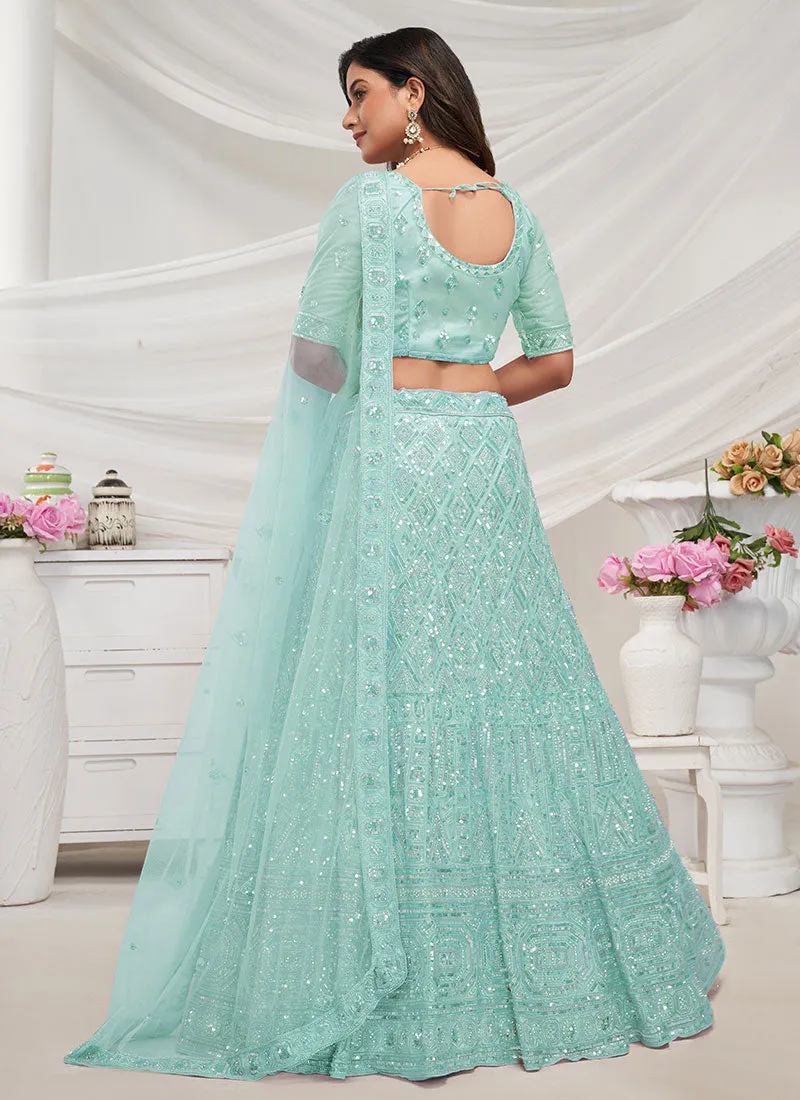 Firozi Blue Sequence And Pearl Embroidery Wedding Lehenga