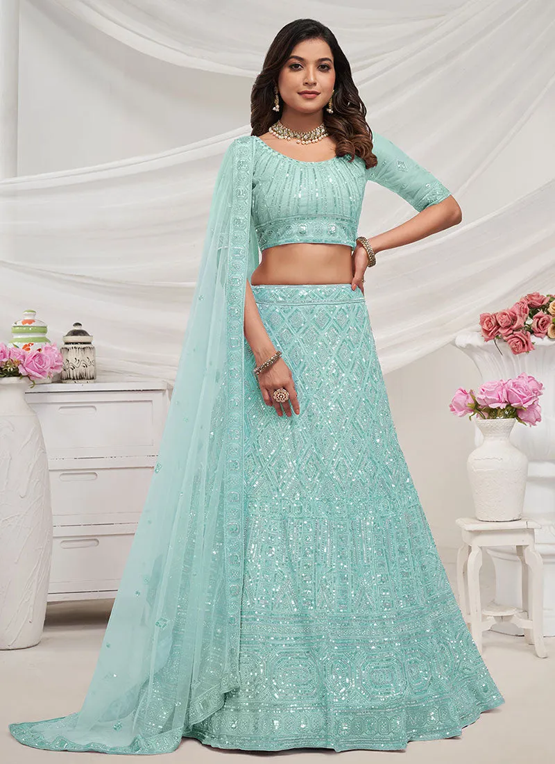 Firozi Blue Sequence And Pearl Embroidery Wedding Lehenga