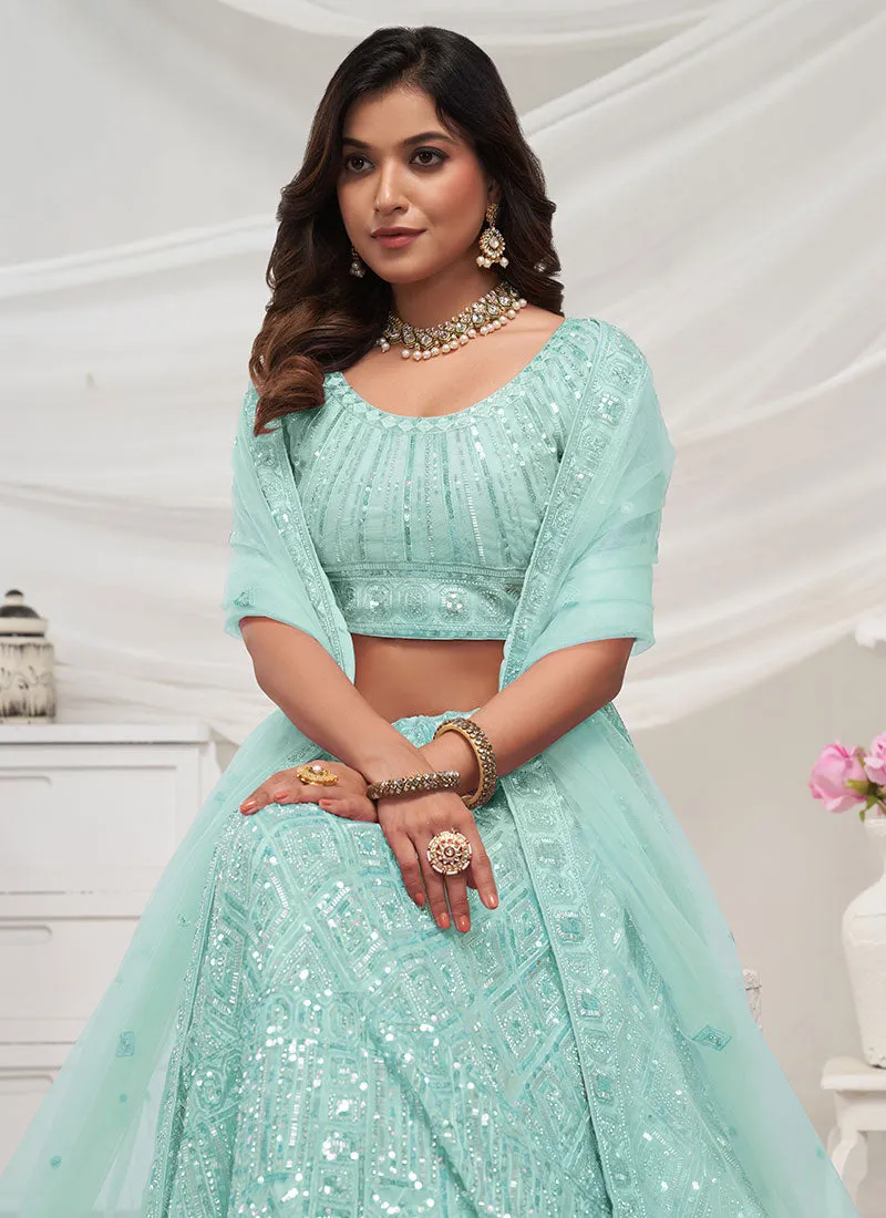 Firozi Blue Sequence And Pearl Embroidery Wedding Lehenga