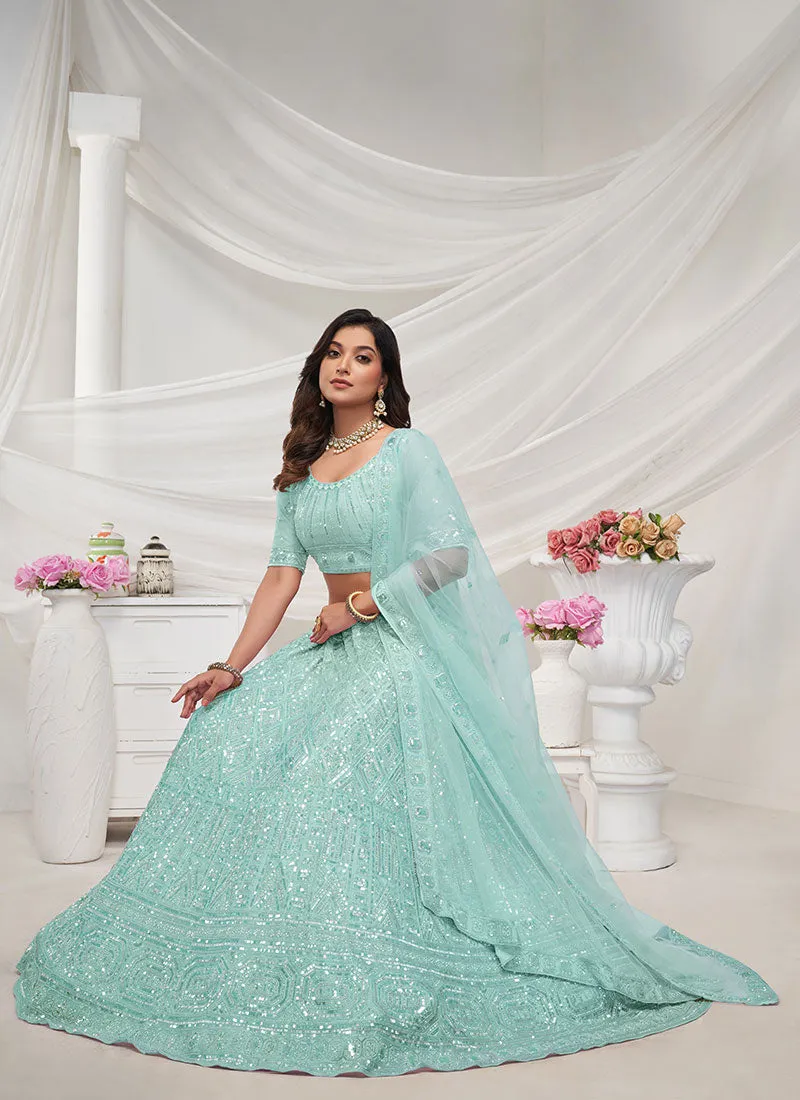 Firozi Blue Sequence And Pearl Embroidery Wedding Lehenga