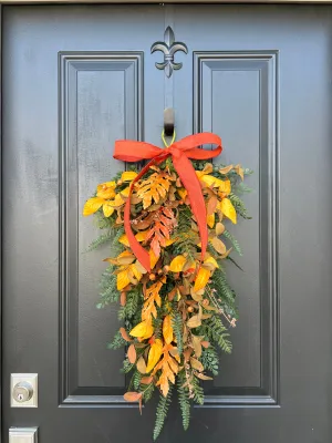 Golden Leaf Fall Teardrop Swag with Linen Ribbon