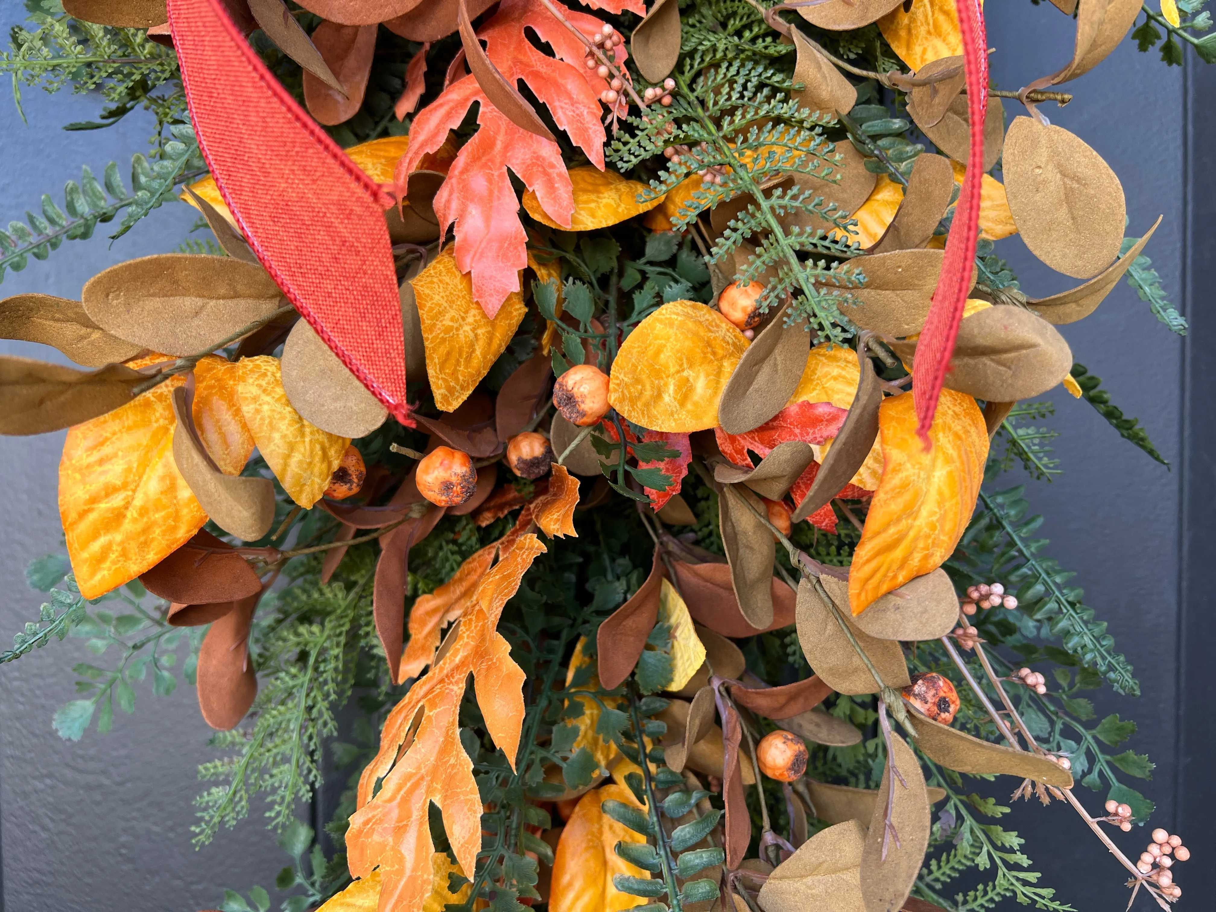 Golden Leaf Fall Teardrop Swag with Linen Ribbon