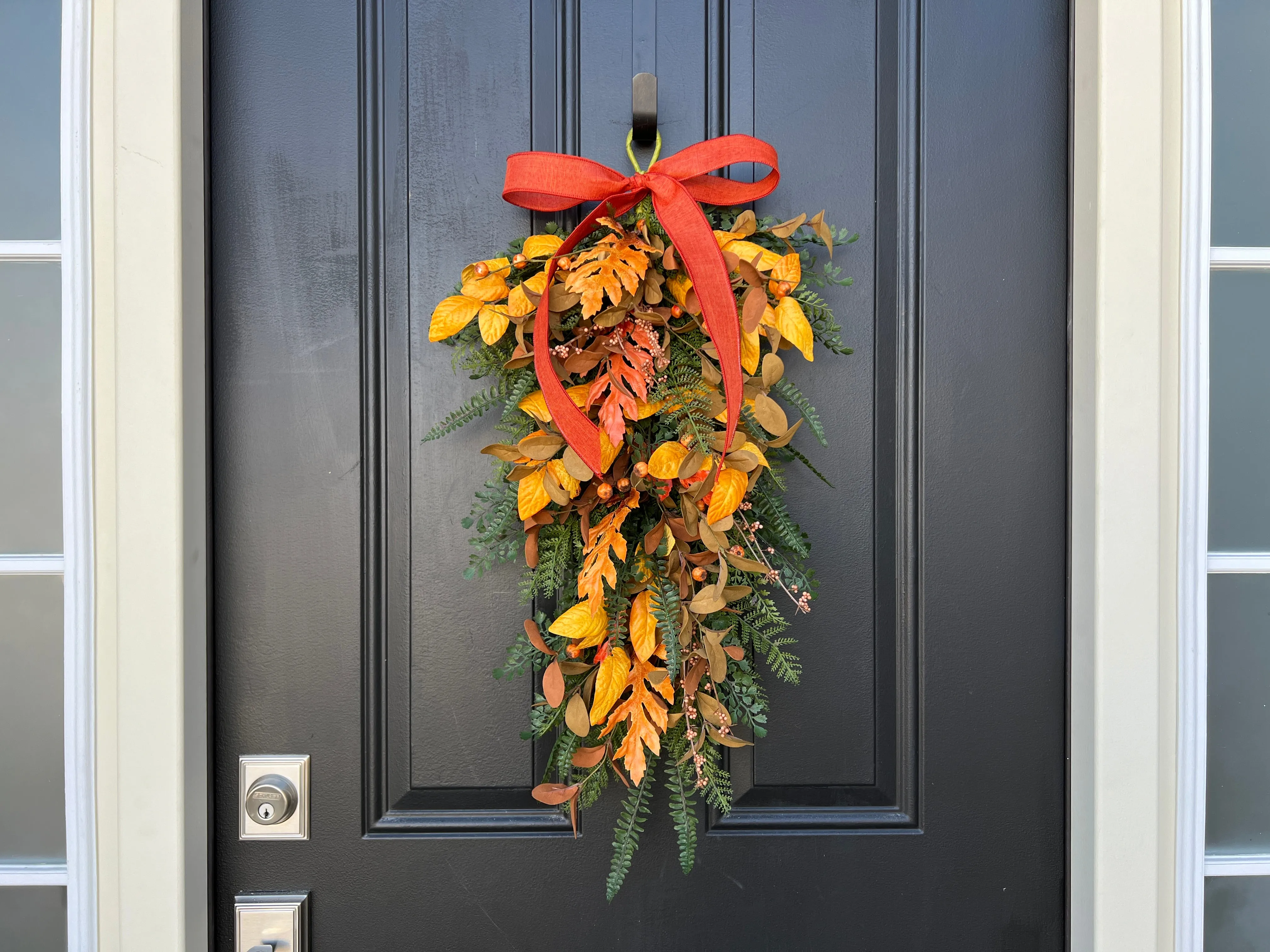 Golden Leaf Fall Teardrop Swag with Linen Ribbon