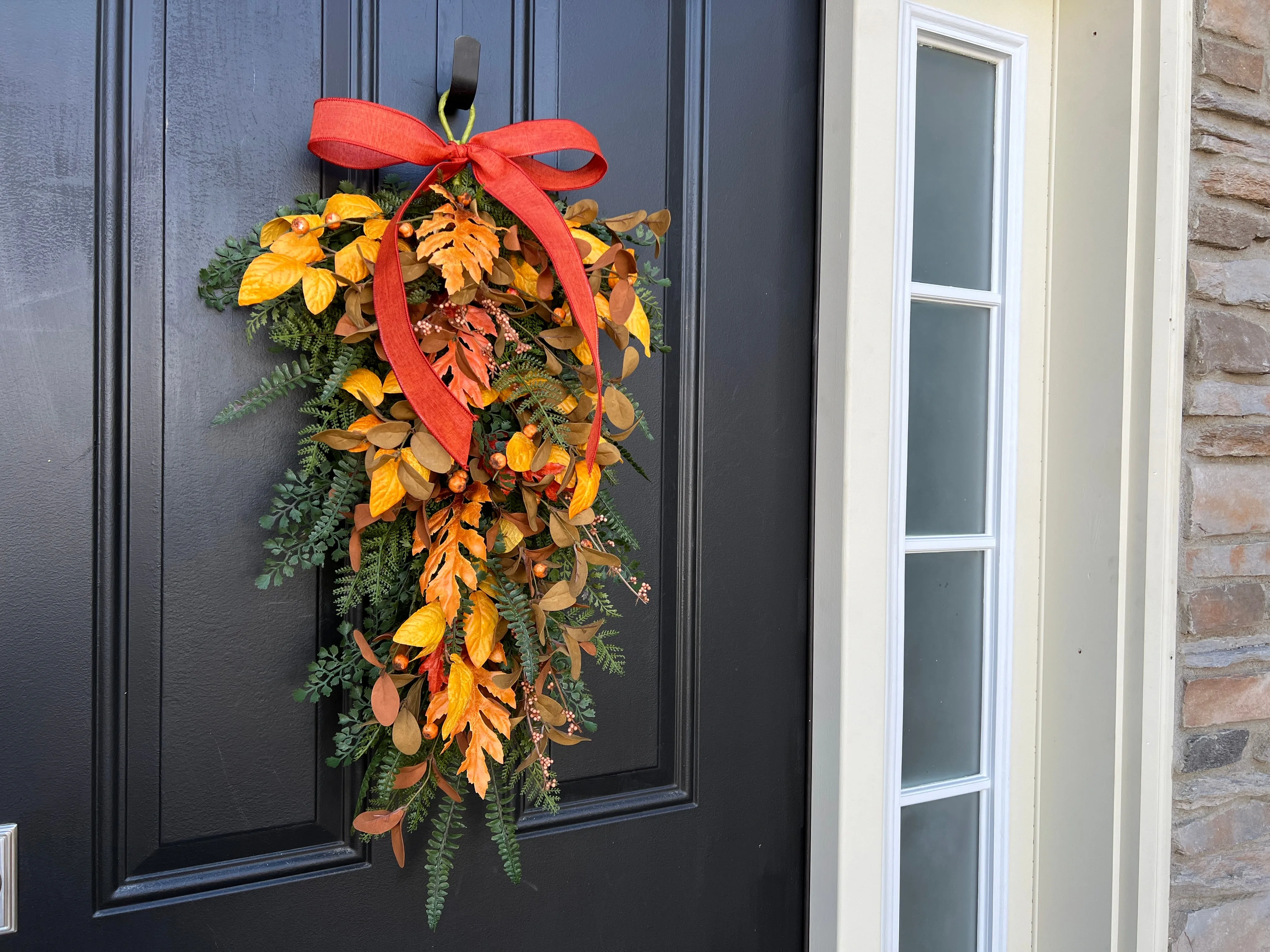 Golden Leaf Fall Teardrop Swag with Linen Ribbon