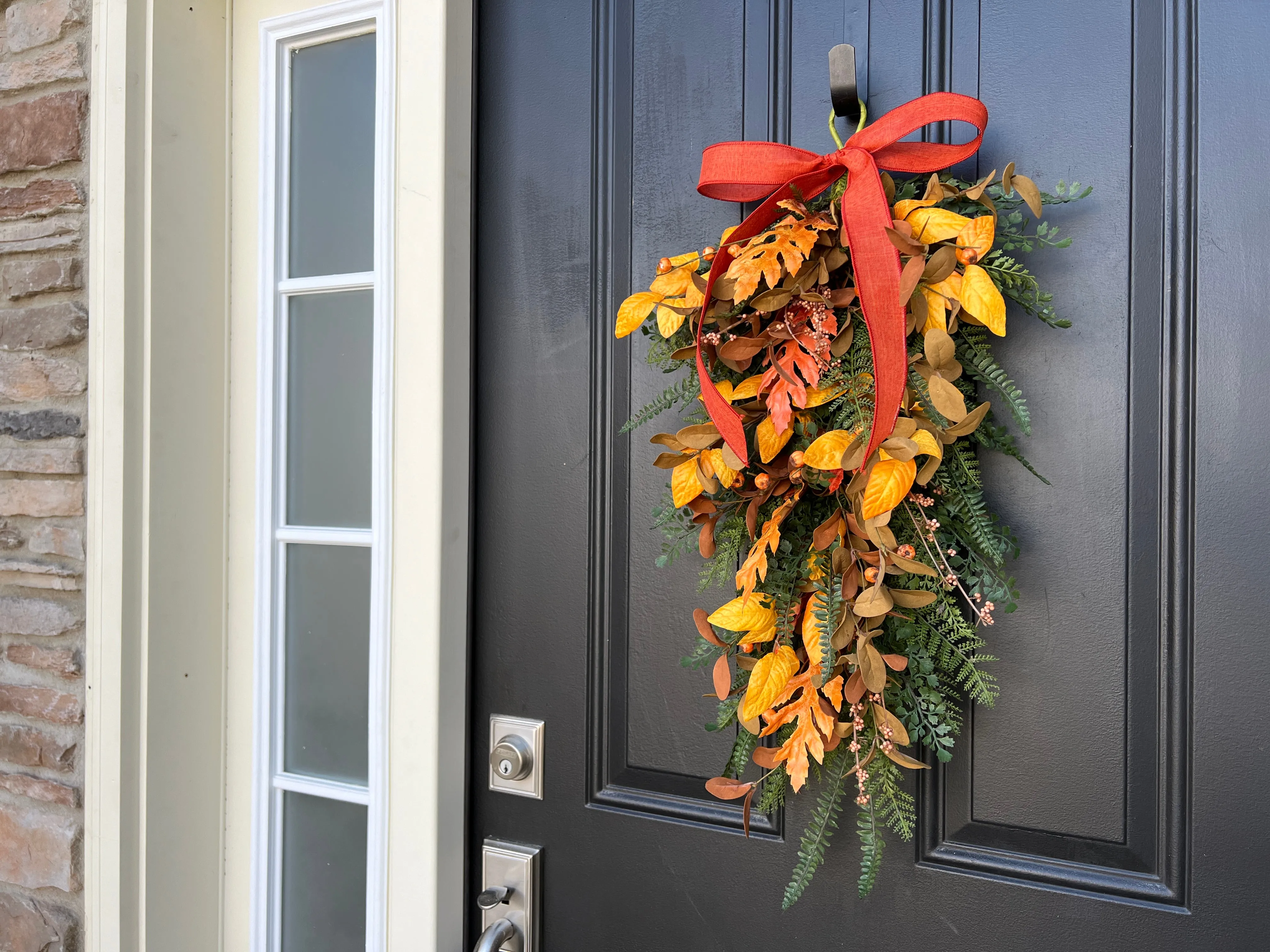 Golden Leaf Fall Teardrop Swag with Linen Ribbon