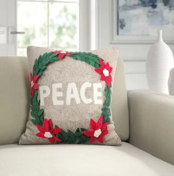 Hand Felted Wool Christmas Pillow - PEACE Wreath in Natural Gray - 20"