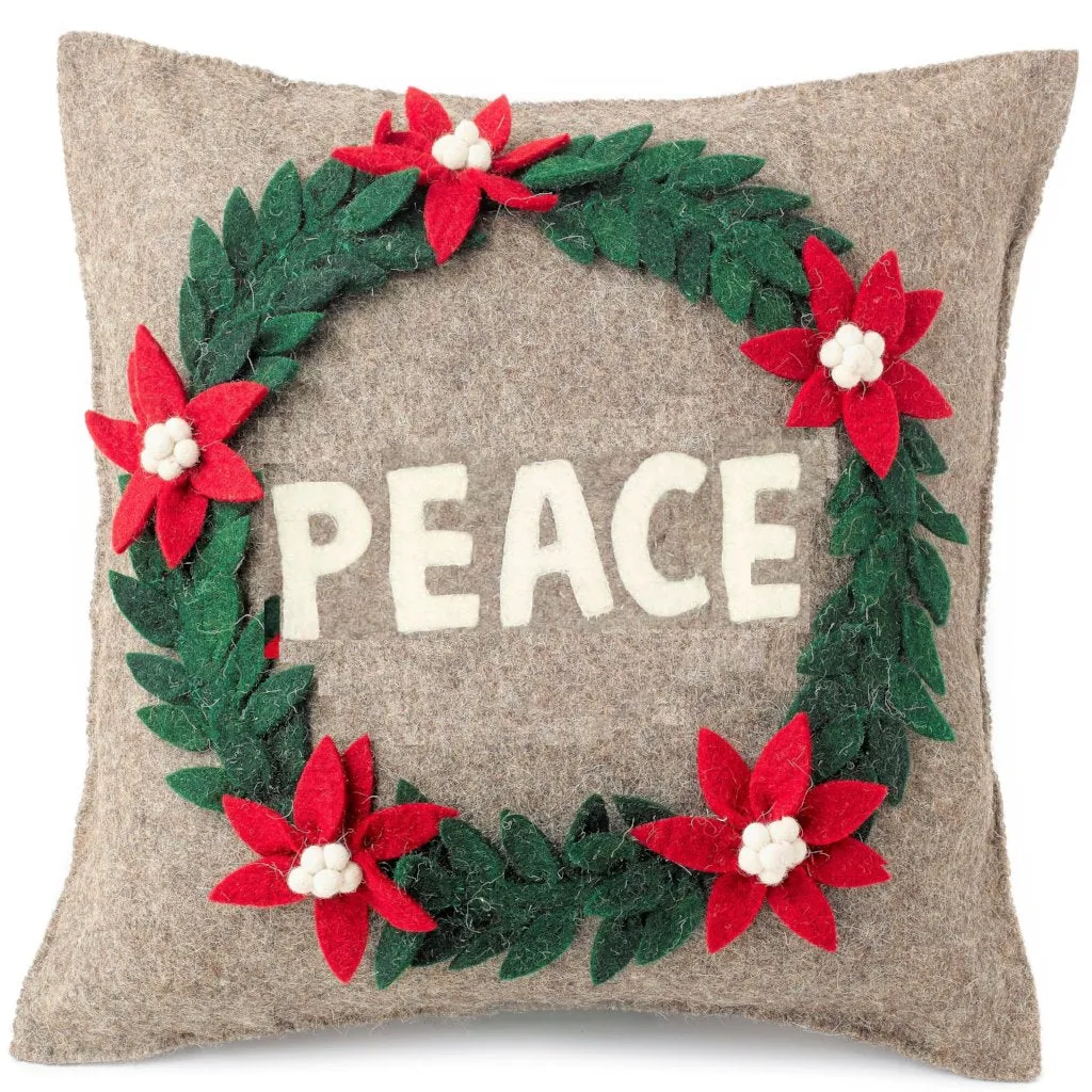 Hand Felted Wool Christmas Pillow - PEACE Wreath in Natural Gray - 20"