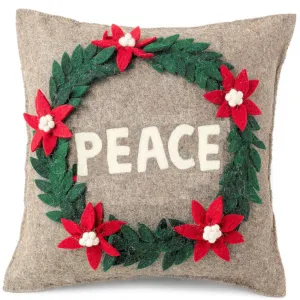 Hand Felted Wool Christmas Pillow - PEACE Wreath in Natural Gray - 20"