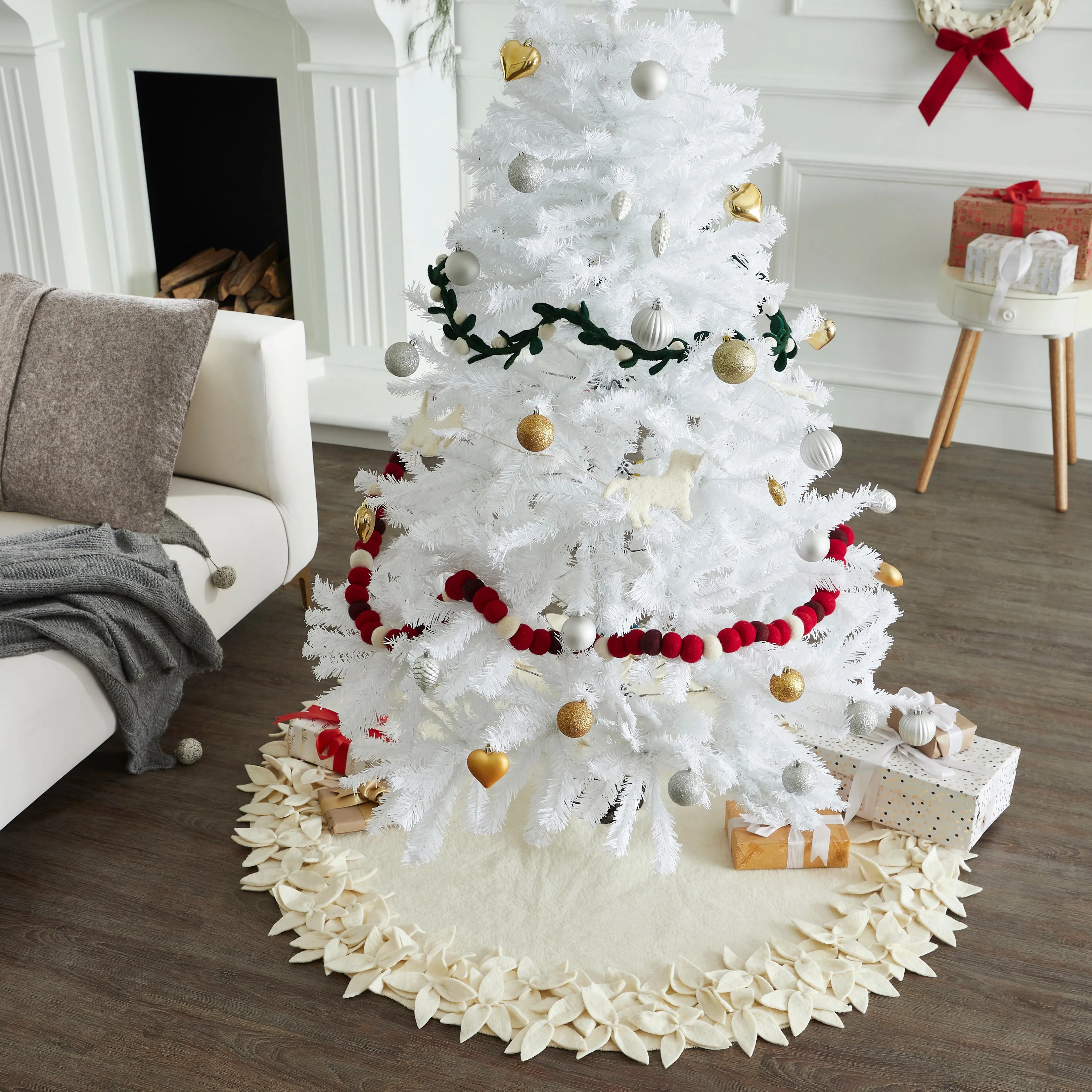 Handmade Felted Wool Christmas Tree Skirt - Overlapping Flowers Border in Cream -48"/64"/72"