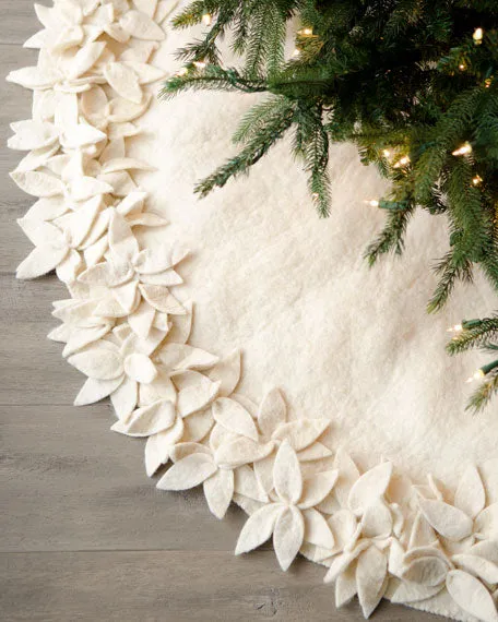 Handmade Felted Wool Christmas Tree Skirt - Overlapping Flowers Border in Cream -48"/64"/72"