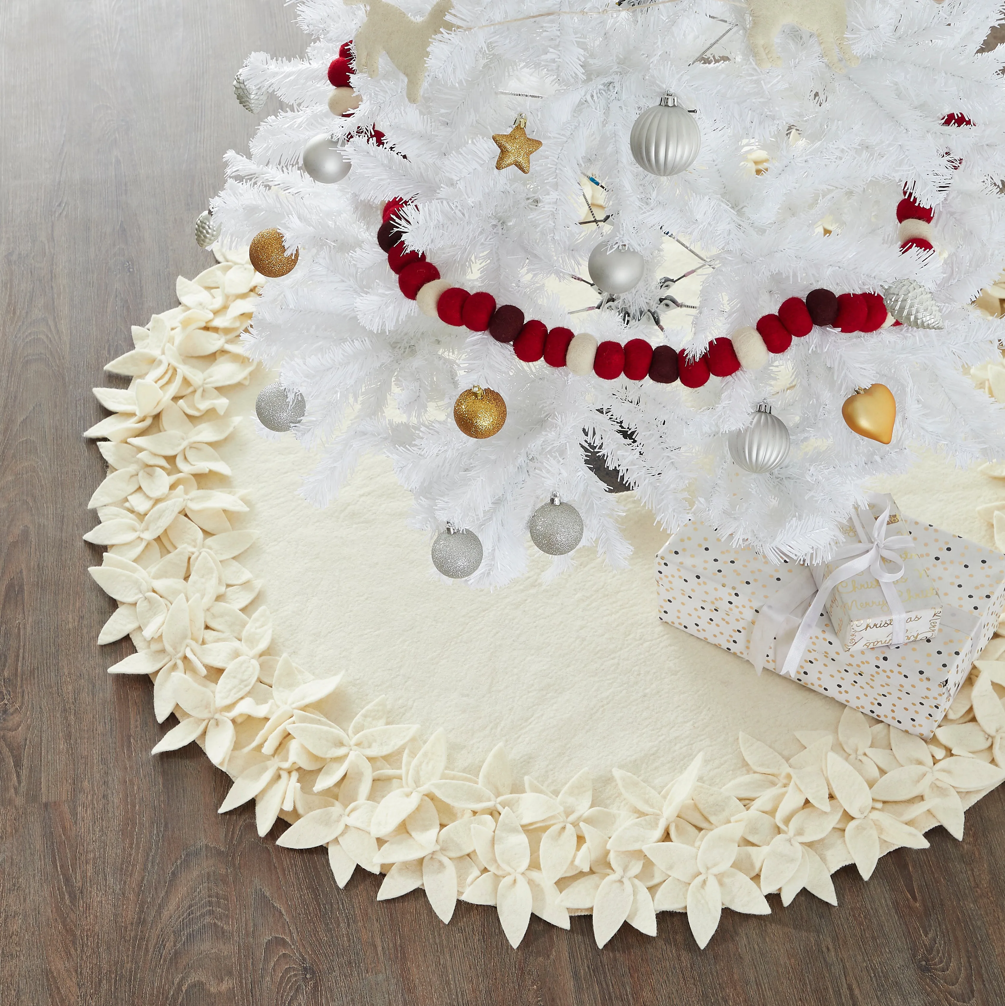 Handmade Felted Wool Christmas Tree Skirt - Overlapping Flowers Border in Cream -48"/64"/72"