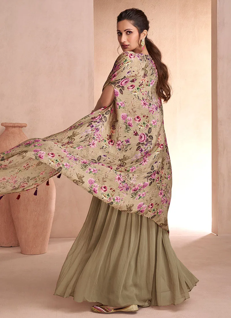 Hazy Green Sequence Embroidery Cape Style Palazzo