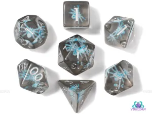 Ice Spider | Blue Tarantula Charm Inside Translucent Black | Resin Dice Set (7) | Dungeons and Dragons (DnD)