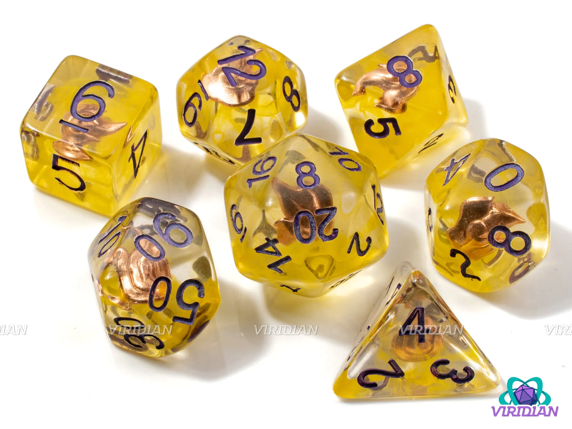 Incendiary Cloud | Sorcerer Flame Charm, Translucent Yellow, Purple Ink | Resin Dice Set (7)