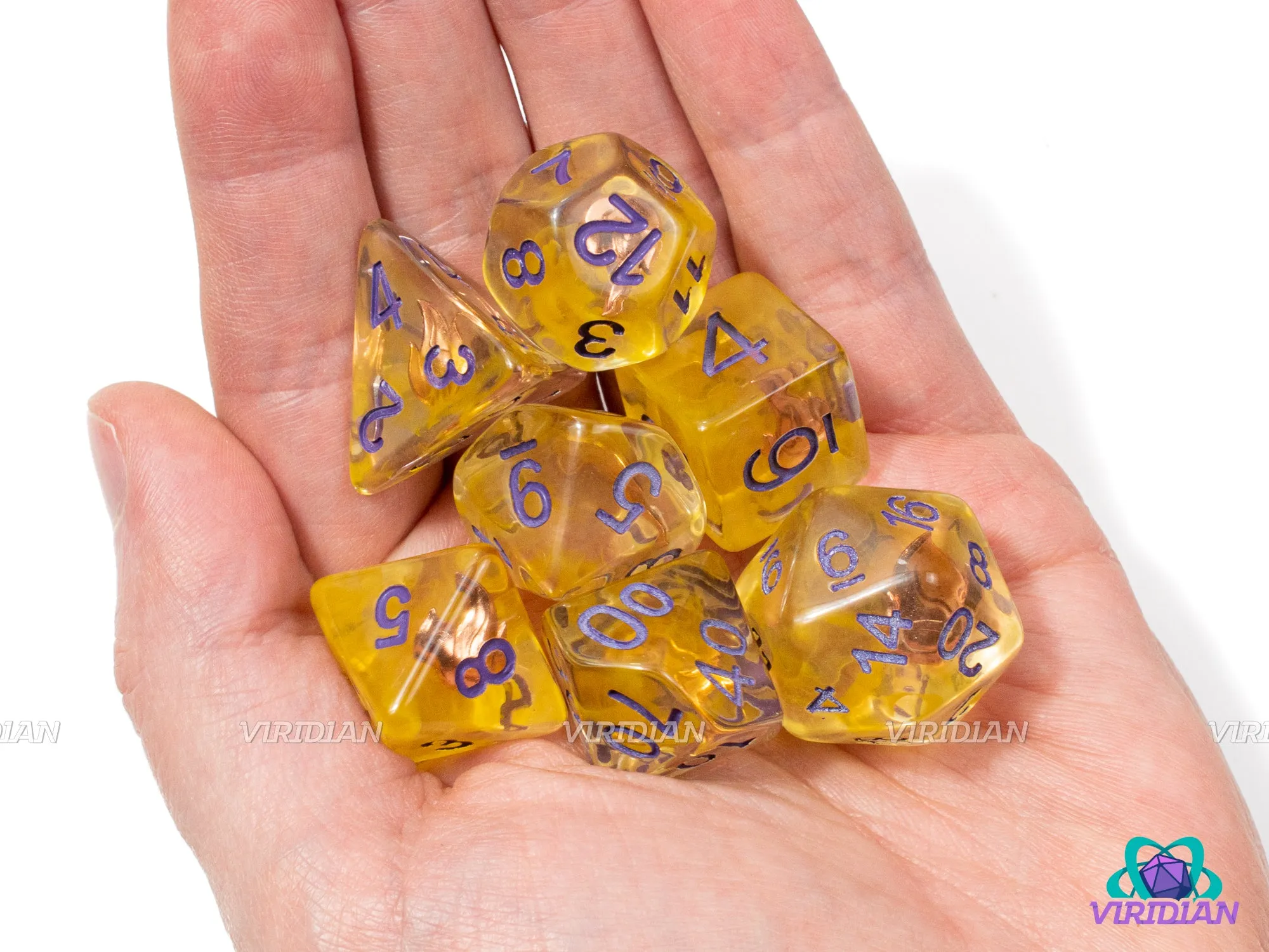 Incendiary Cloud | Sorcerer Flame Charm, Translucent Yellow, Purple Ink | Resin Dice Set (7)