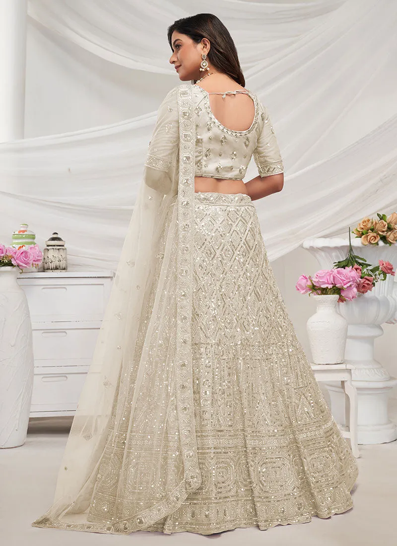 Ivory Sequence And Pearl Embroidery Wedding Lehenga