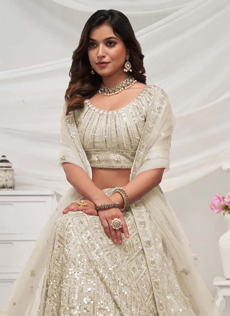 Ivory Sequence And Pearl Embroidery Wedding Lehenga