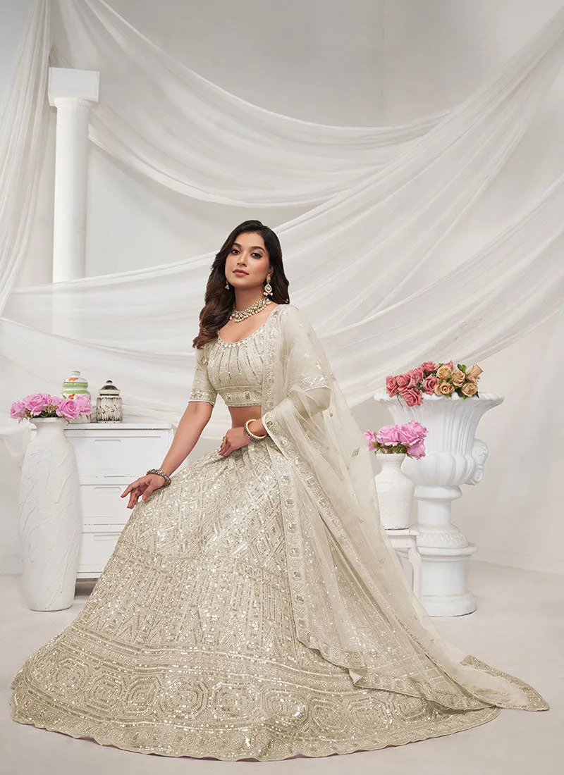 Ivory Sequence And Pearl Embroidery Wedding Lehenga