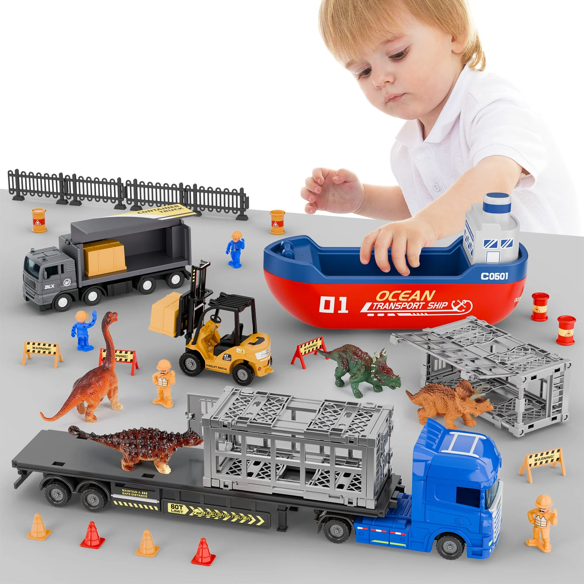 Kids Dinosaur Cargo Truck Toys, Toddler Construction Vehicle Playset