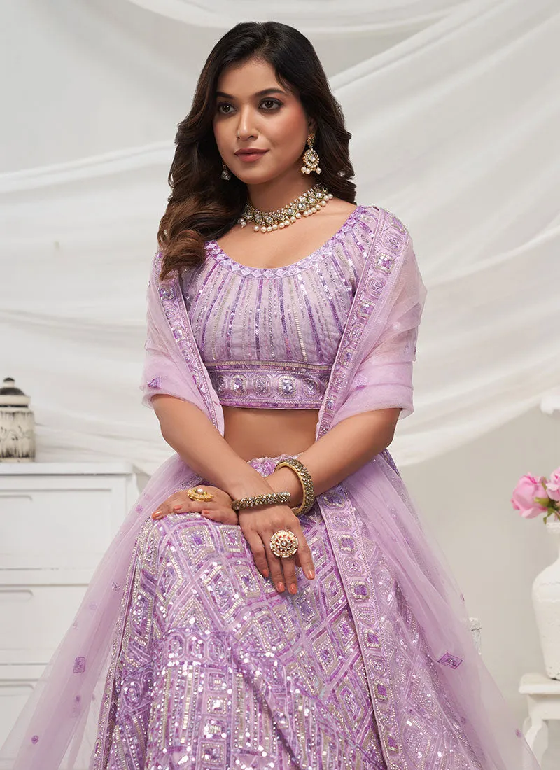 Lavender Sequence And Pearl Embroidery Wedding Lehenga