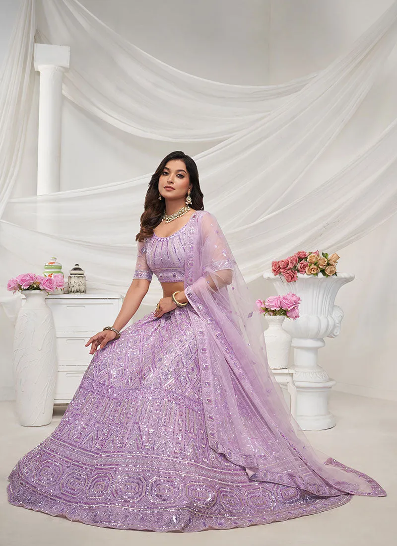 Lavender Sequence And Pearl Embroidery Wedding Lehenga